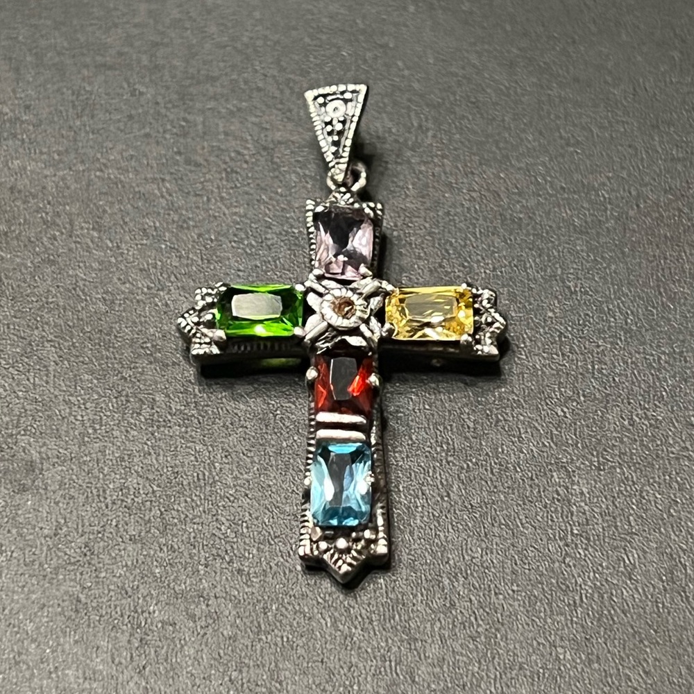 Sterling Silver Multicolor Gemstone Cross Pendant - Women’s Jewelry - Picture 6 of 6